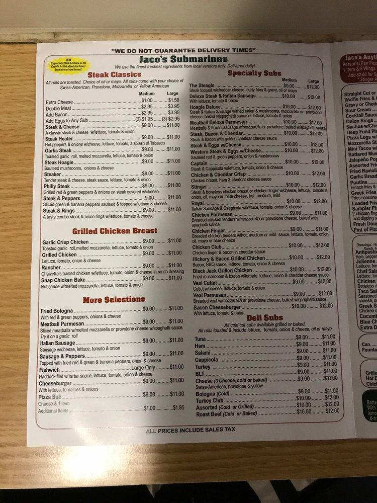 Menu at Jaco's Pizzeria, Niagara Falls