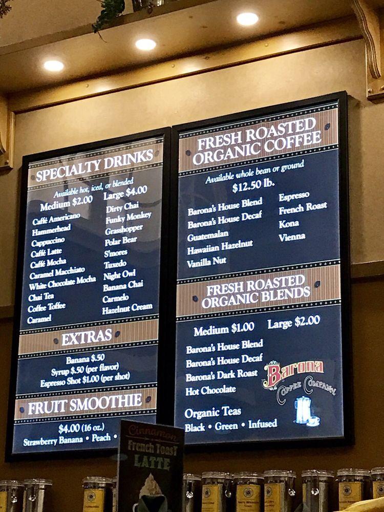 Menu at Barona Coffee Company, USA
