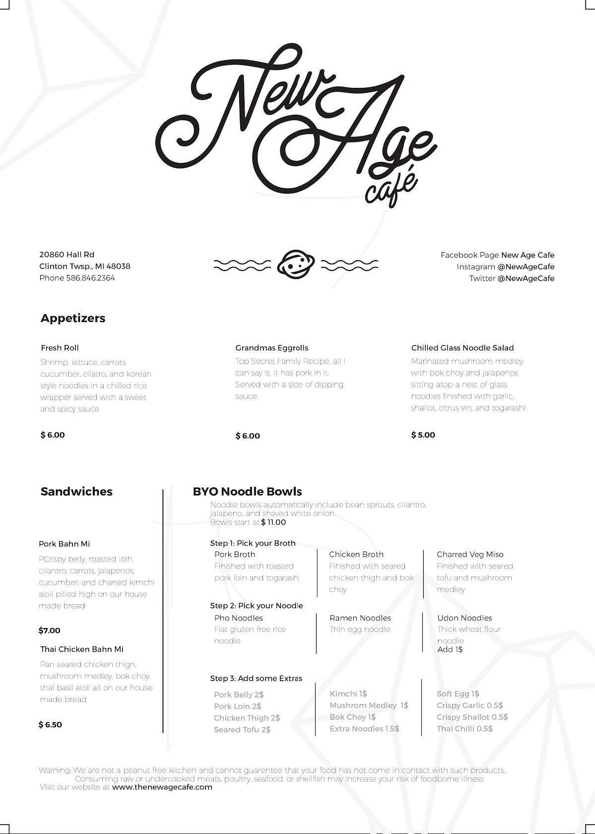 Menu at New Age Noodles restaurant, Mount Clemens