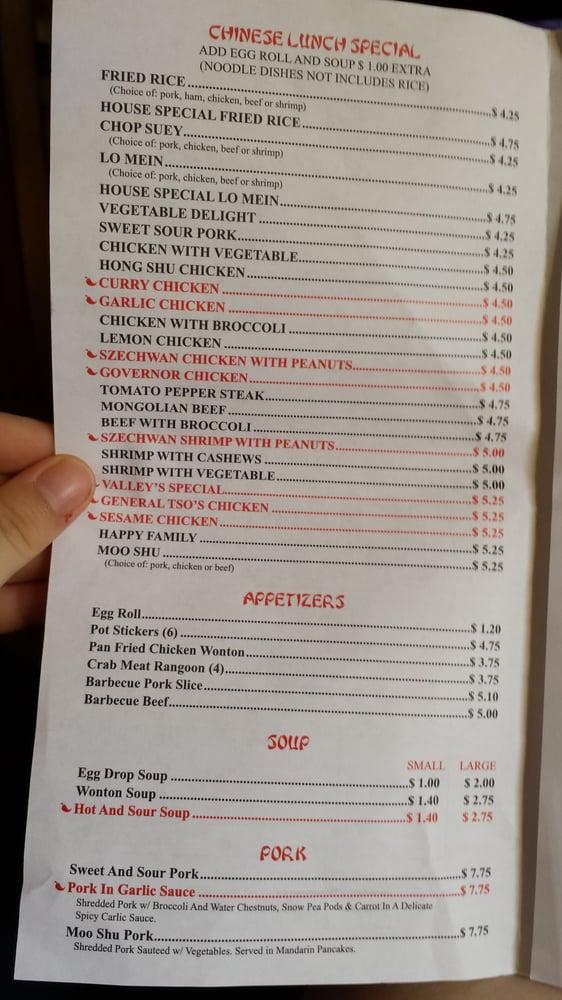Menu at Valley restaurant, Granger