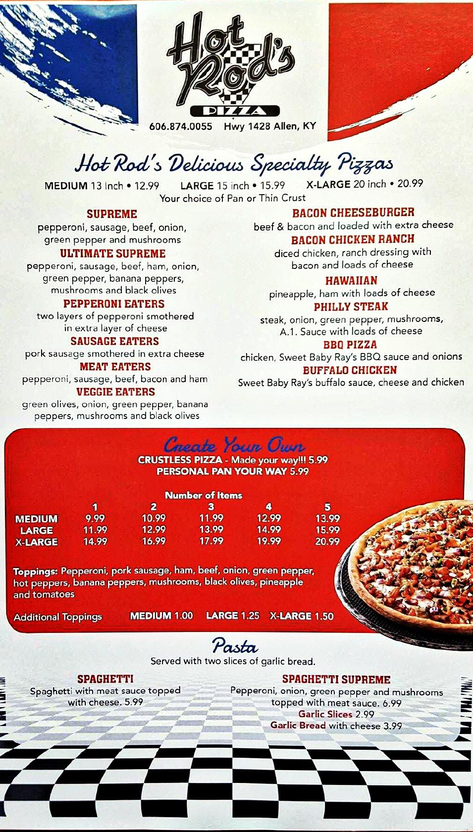 Menu at Hot Rod's Pizza in Allen pizzeria, Allen City, KY1428