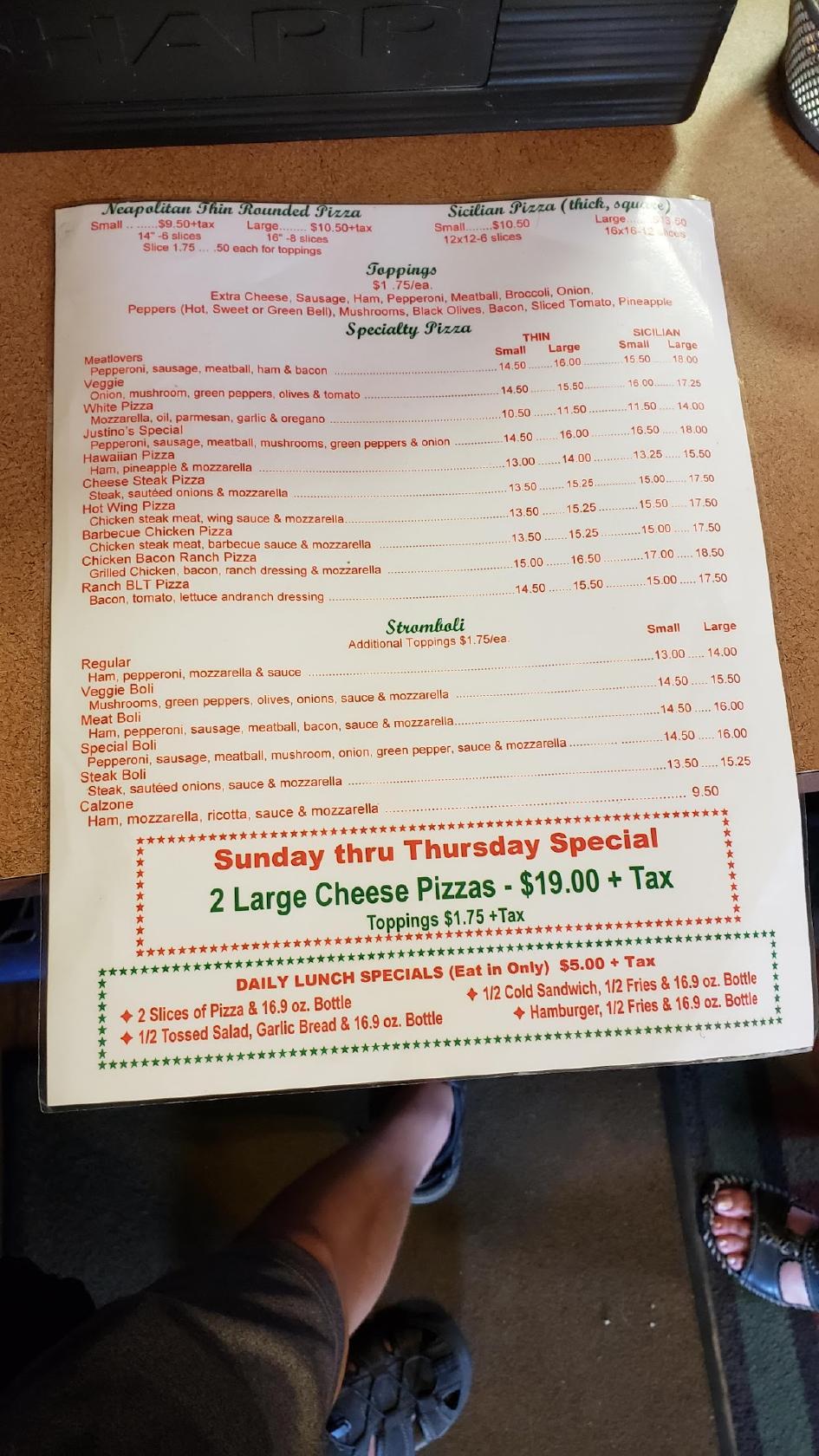 Menu at Justino's Pizza pizzeria, Newmanstown