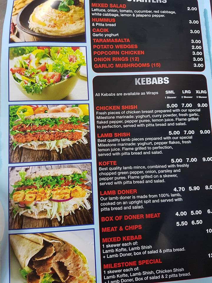 Menu at Milestone Kebab restaurant, Dartford