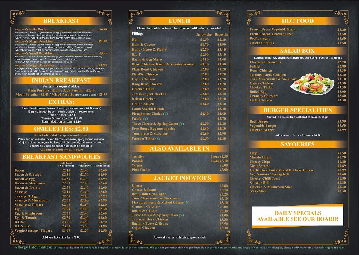Menu at Avenue Bar Restaurant & Grill, Smethwick