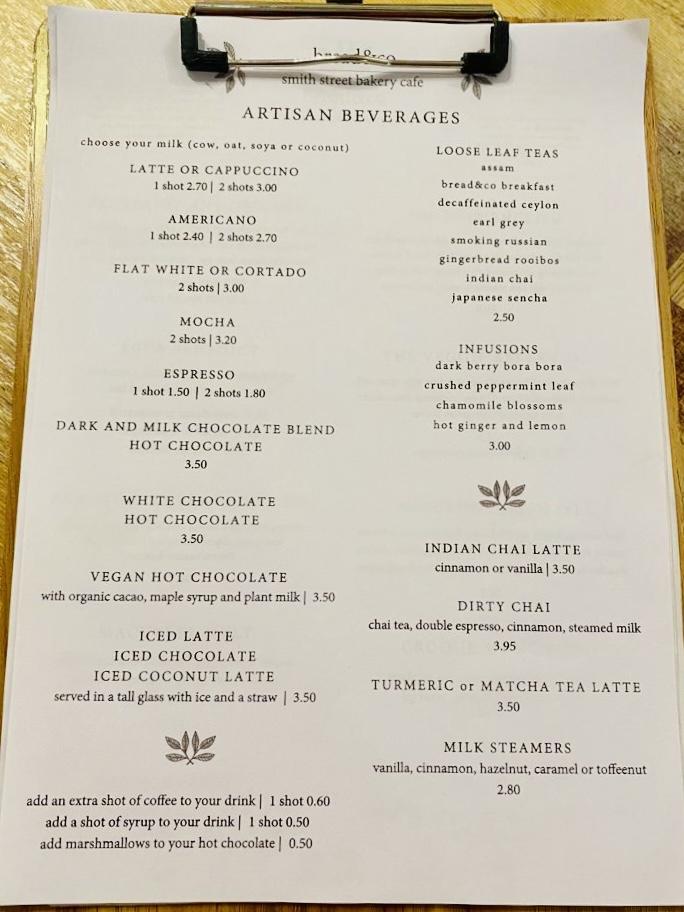 Menu at Bread & Co cafe, Warwick, 60 Smith St