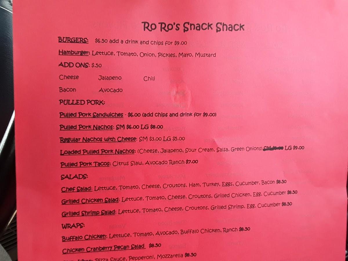 Menu at Ro Ro's Snack Shack restaurant, Farmerville