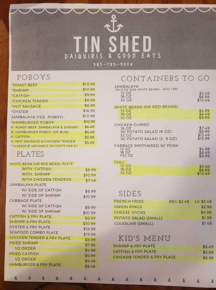 Menu at Tin Shed pub & bar, Boutte