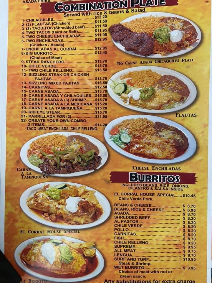 Menu at El Corral Mexican Grill restaurant, Riverside