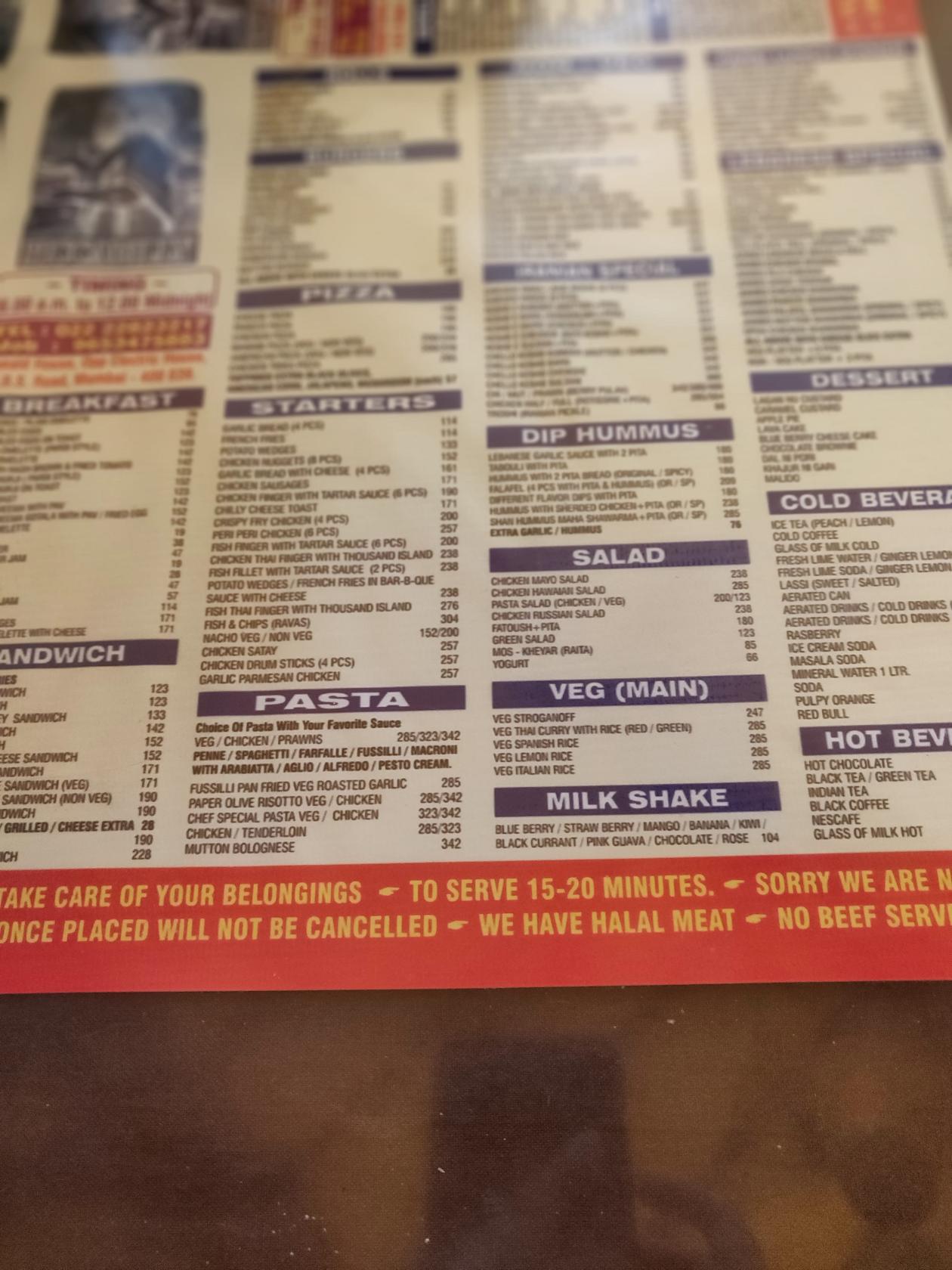 Menu at Piccadilly, Mumbai, Donalad House Shaheed Bhagat Singh Road