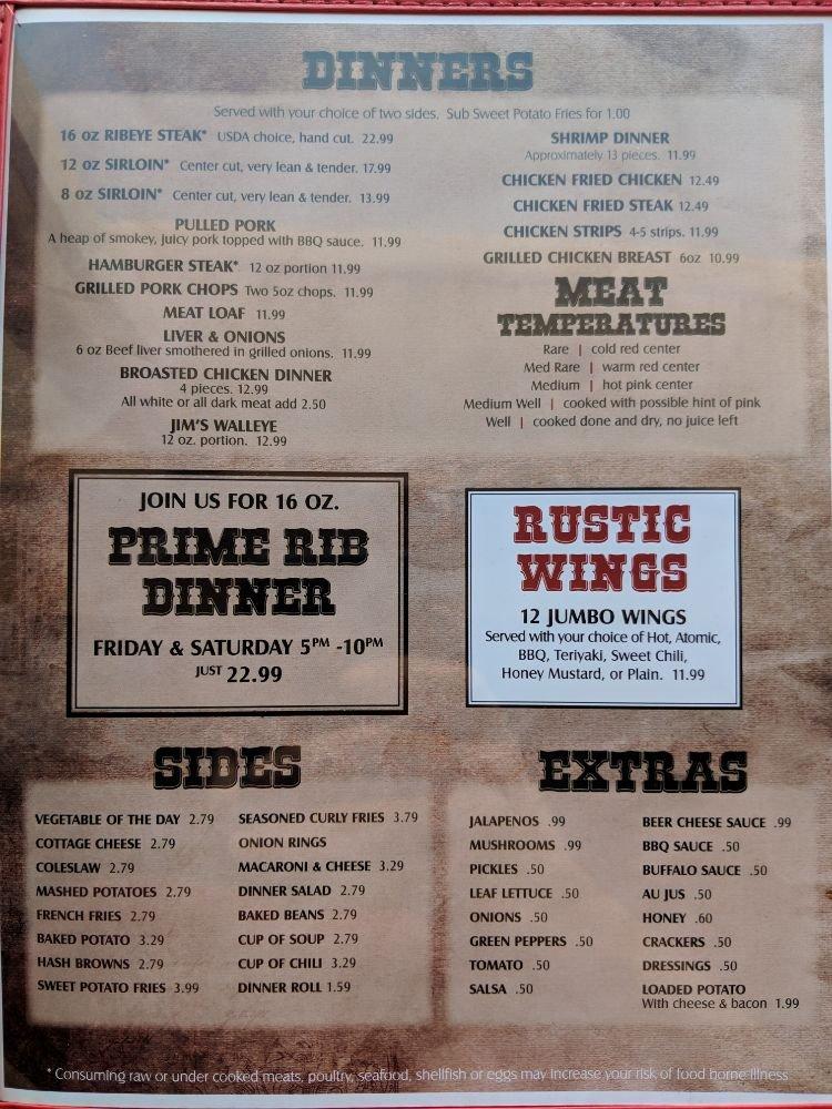 Menu at The Rustic restaurant, Fort Calhoun