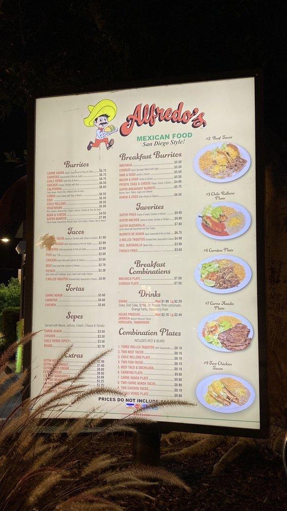 Menu at Alfredo's Mexican Food restaurant, Bell Gardens, Eastern Ave