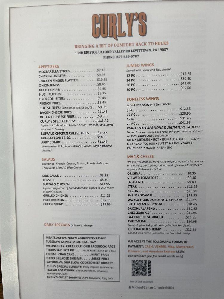 Menu at Curly’s Comfort Foods restaurant, Levittown