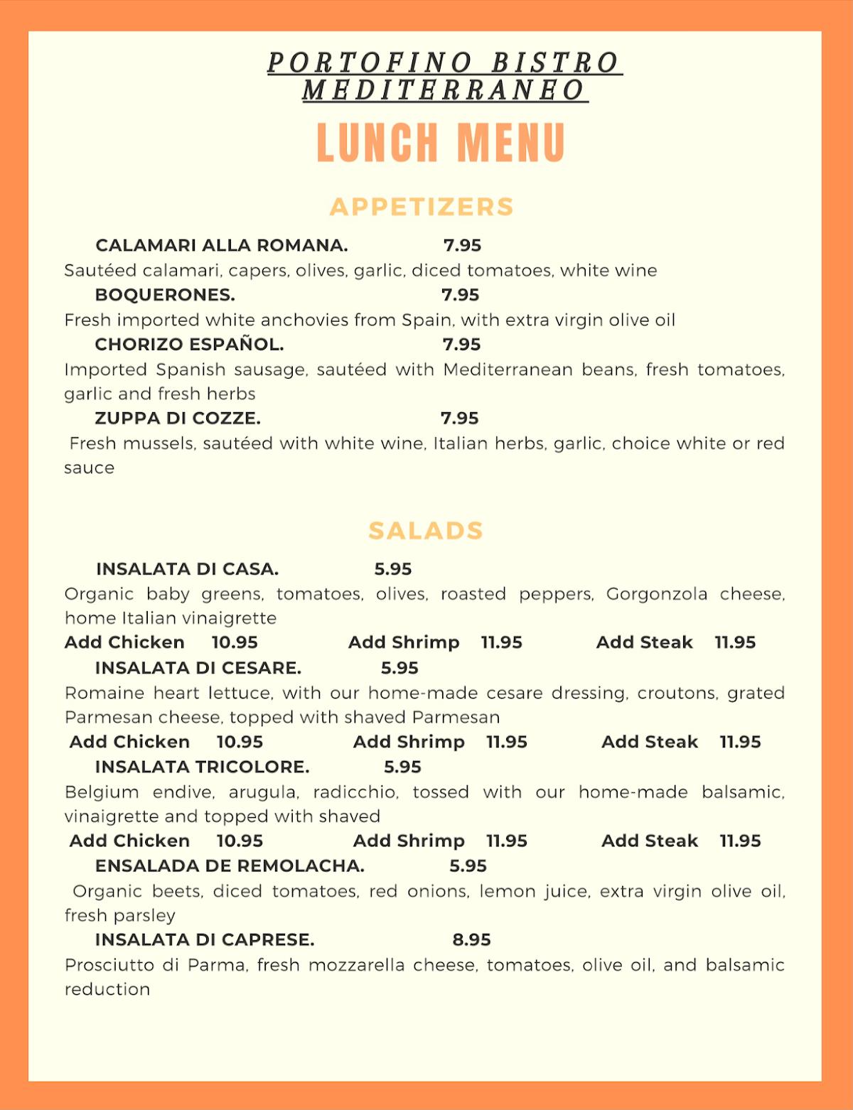 Menu at Portofino Bistro Mediterraneo restaurant, Juno Beach