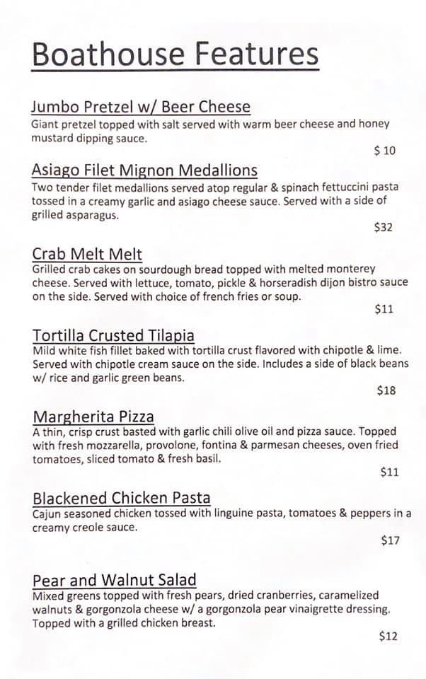 Menu at Boathouse Restaurant, Winona Lake