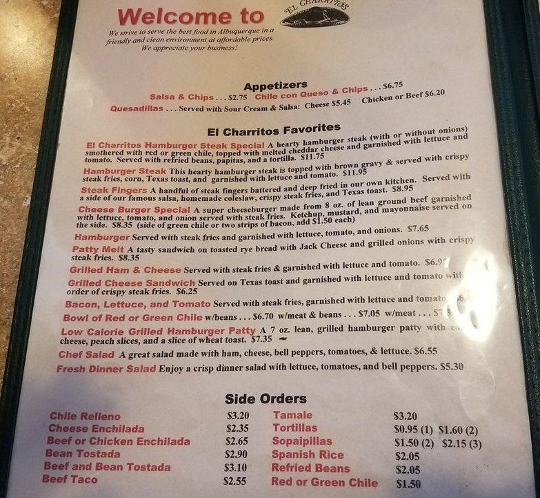 Menu At El Charritos New Mexican Restaurant Albuquerque