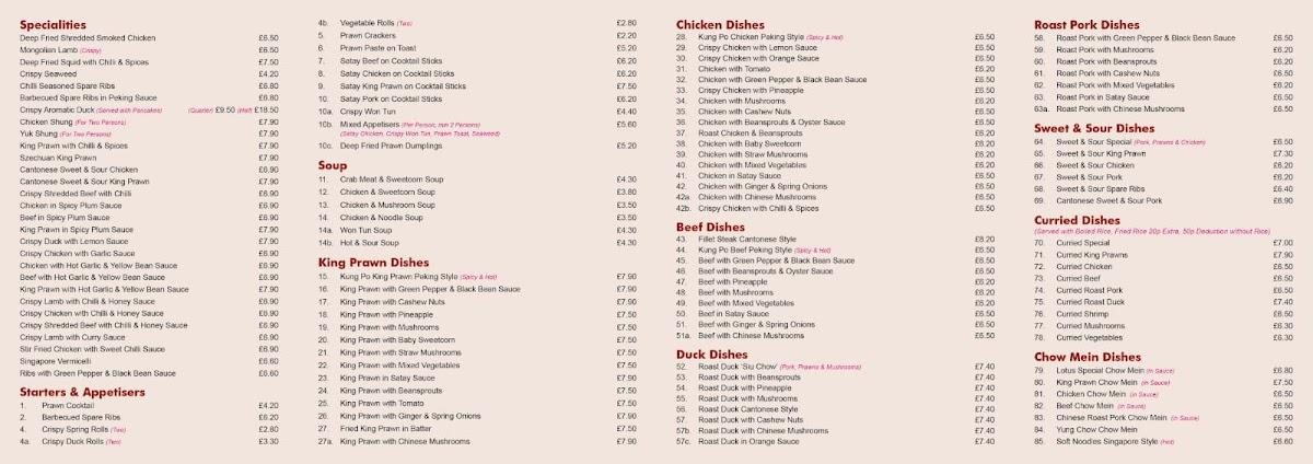 Menu At Lotus Restaurant Cinderford