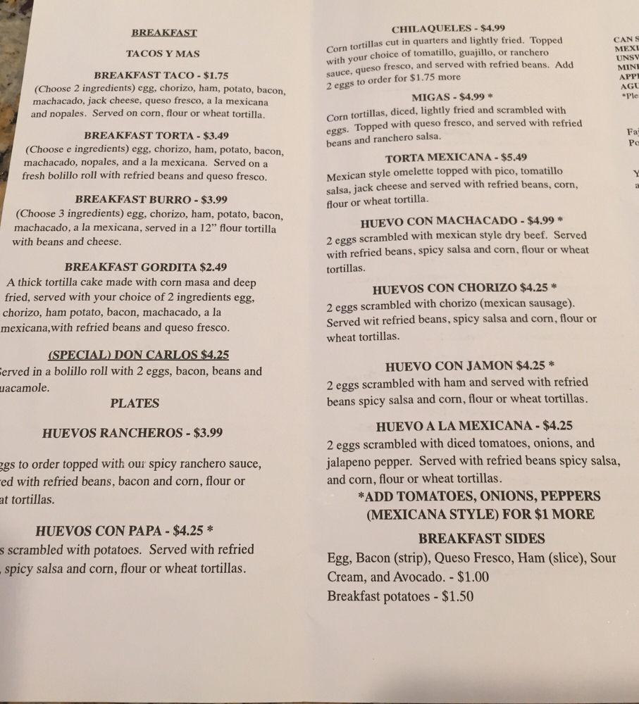 Menu at Puebla's Mexican Kitchen restaurant, Houston