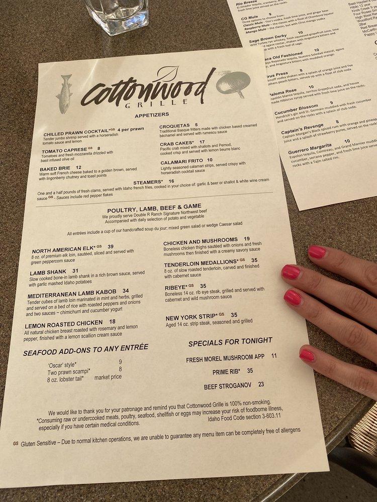 Menu at Cottonwood Grille pub & bar, Boise