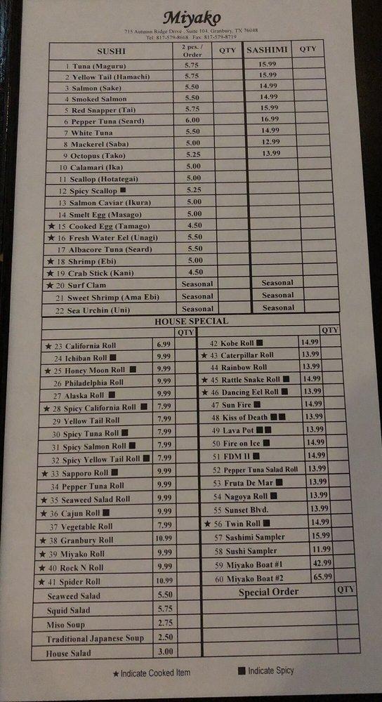 Menu at Miyako Restaurant, Granbury, 715 Autumn Ridge Dr