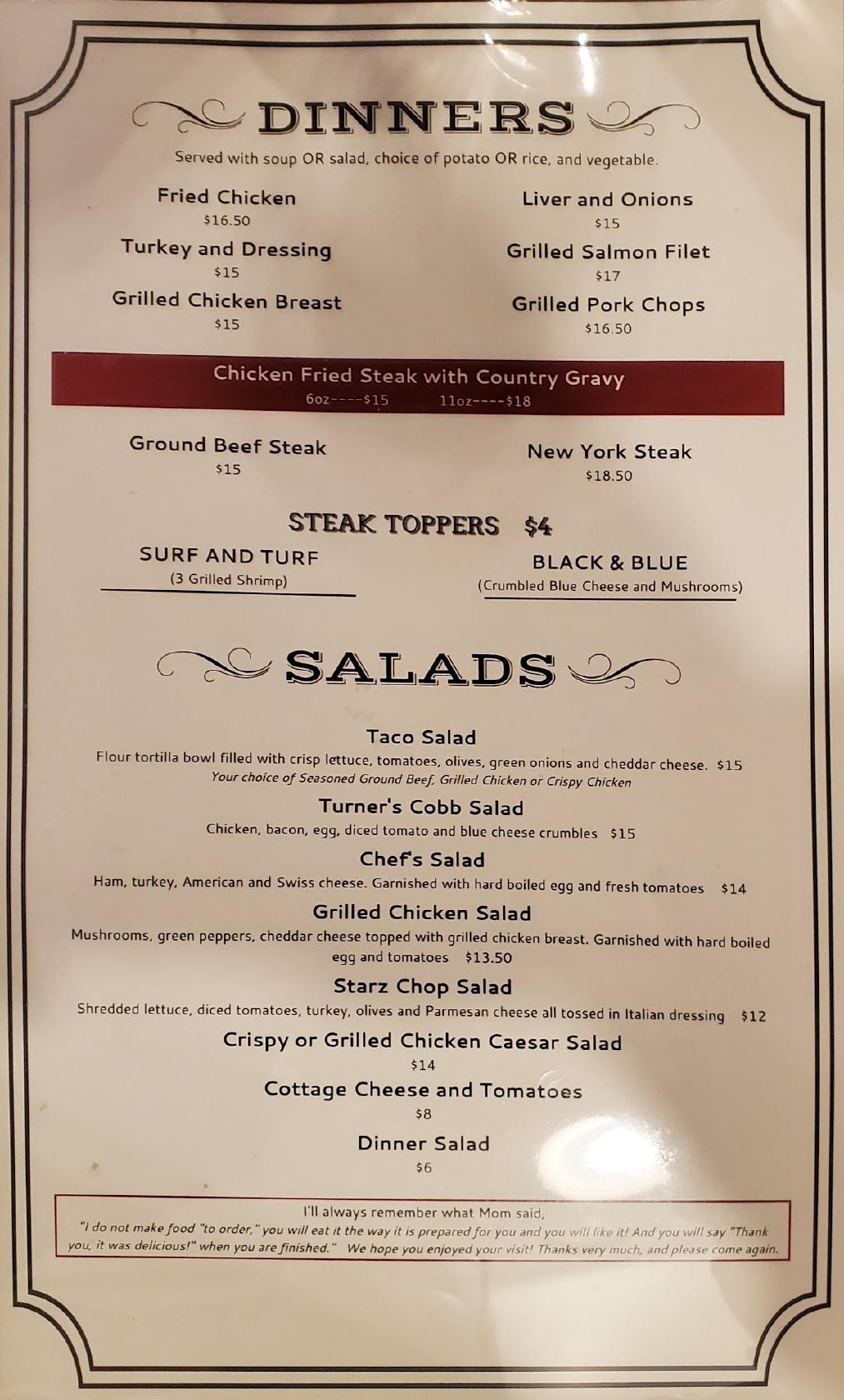 Menu at Mrs. Turner's Restaurant, Puyallup