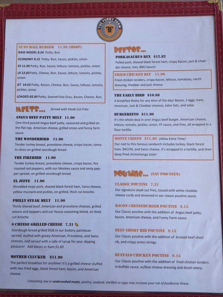 Menu at The Funny Farm Restaurant, San Jose, Stevens Creek Blvd