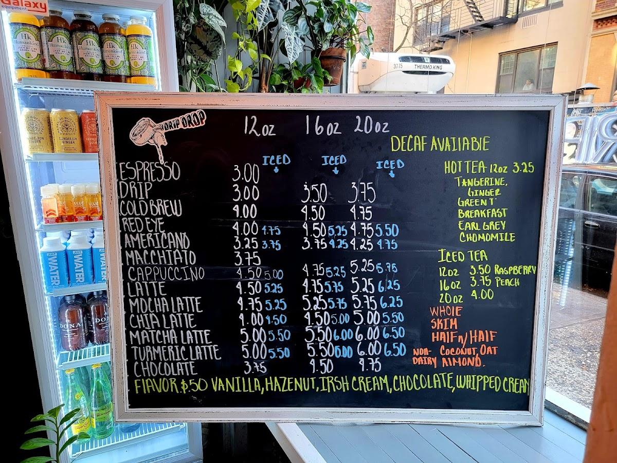 Menu at Drip Drop Café, coffee shop, New York City