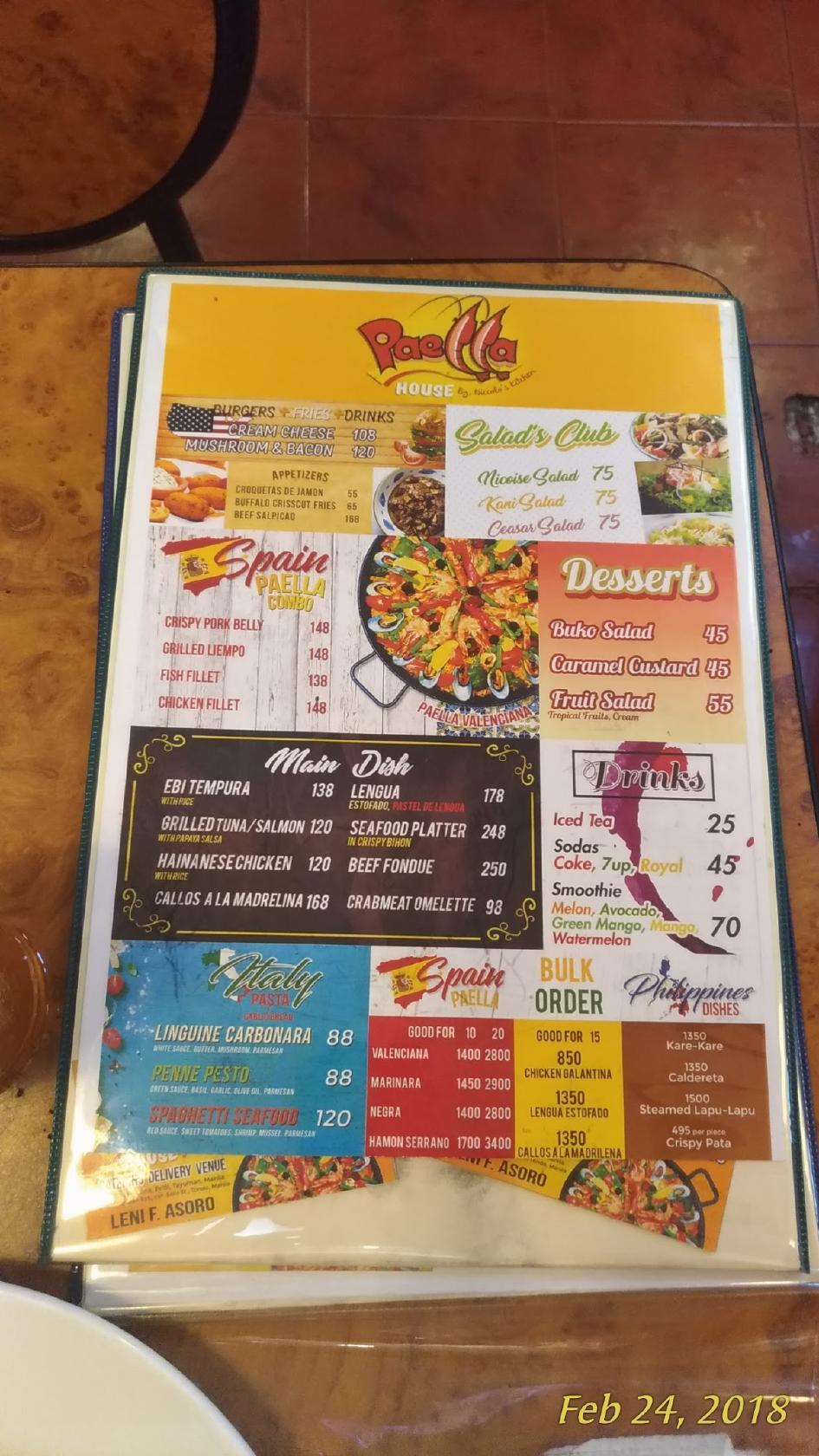 Menu at Paella House and Catering Services restaurant, Manila
