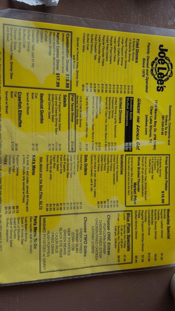 Menu at Joe Lee's Seafood Kitchen restaurant, Clear Lake Shores