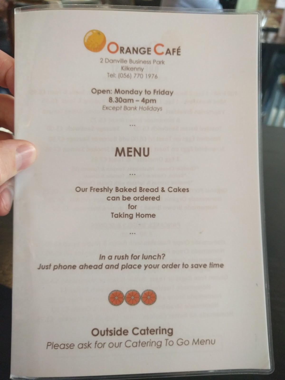Menu at Orange Cafe, Kilkenny