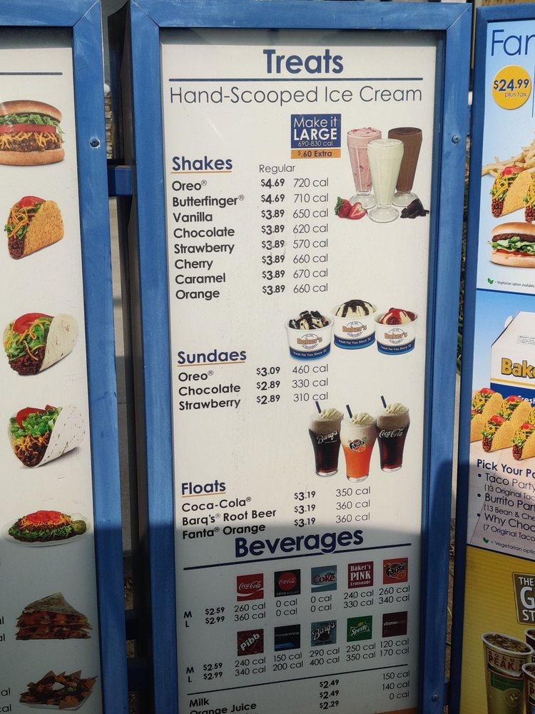 Menu at Baker's DriveThru restaurant, Yucaipa, Avenue E