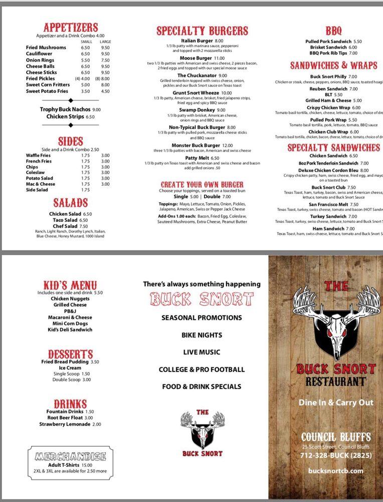 Menu at Buck Snort pub & bar, Council Bluffs