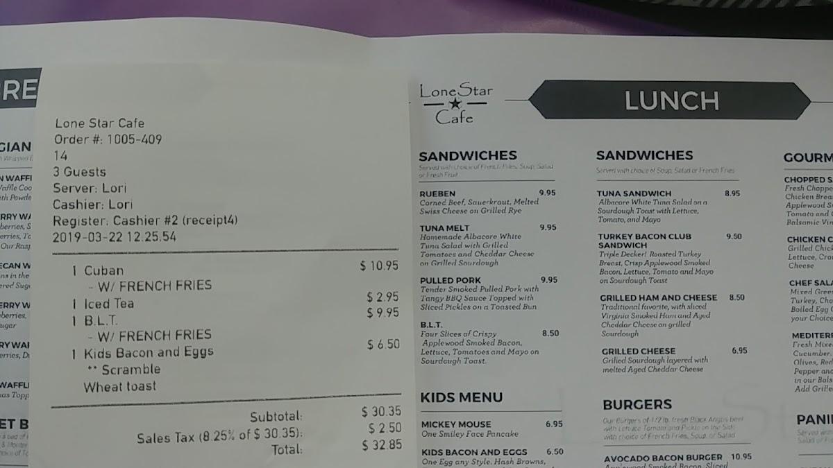 Menu at Lone Star Cafe, Grapevine