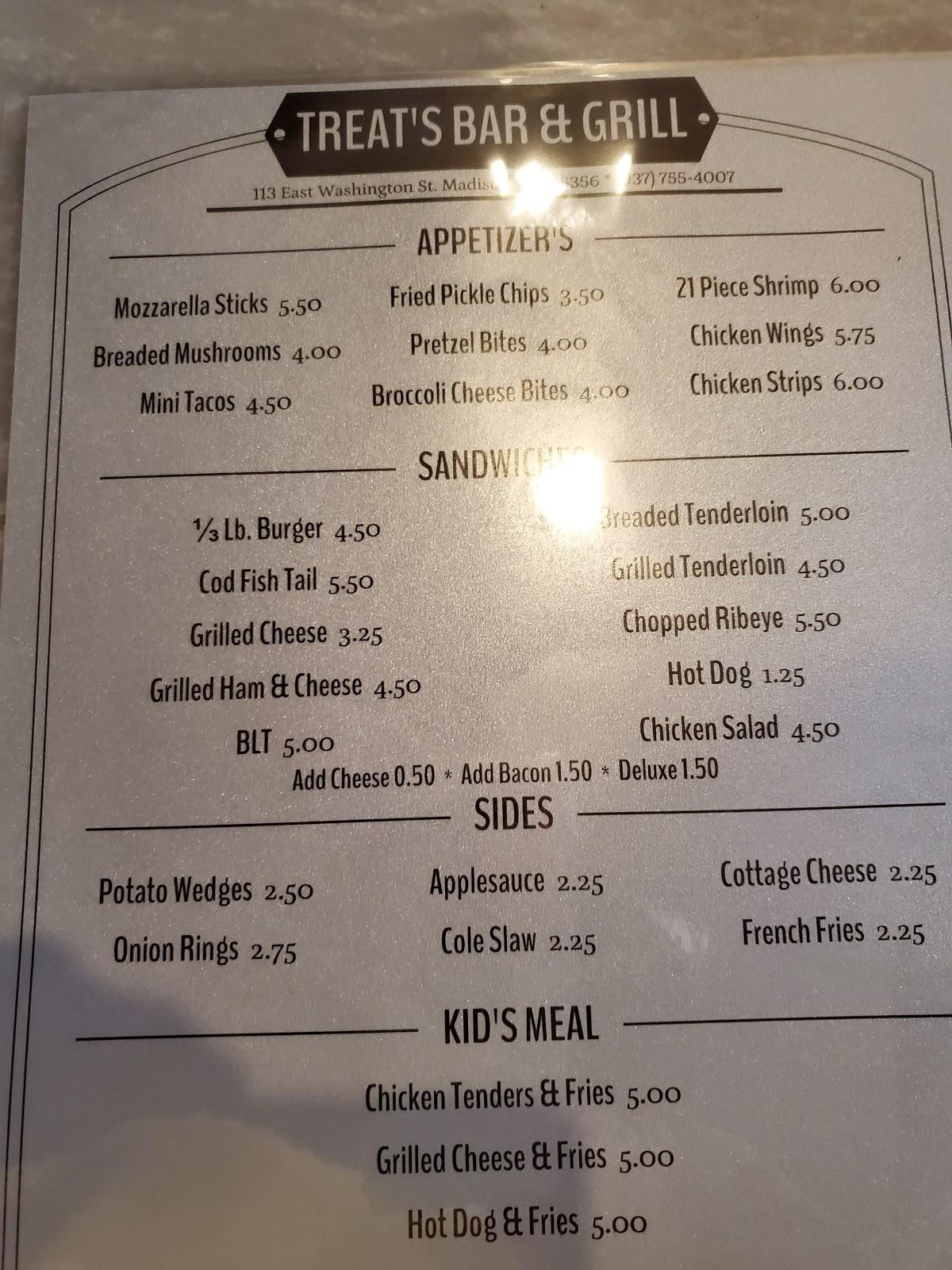 Menu at Treats Bar &Grill, New Madison