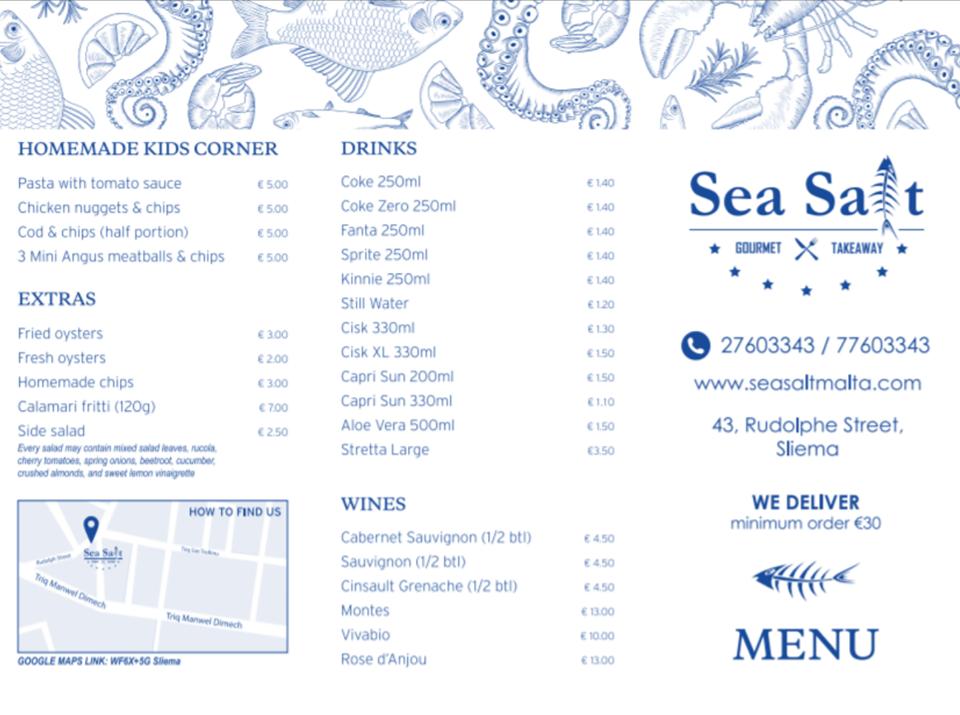 Menu at Sea Salt restaurant, Sliema