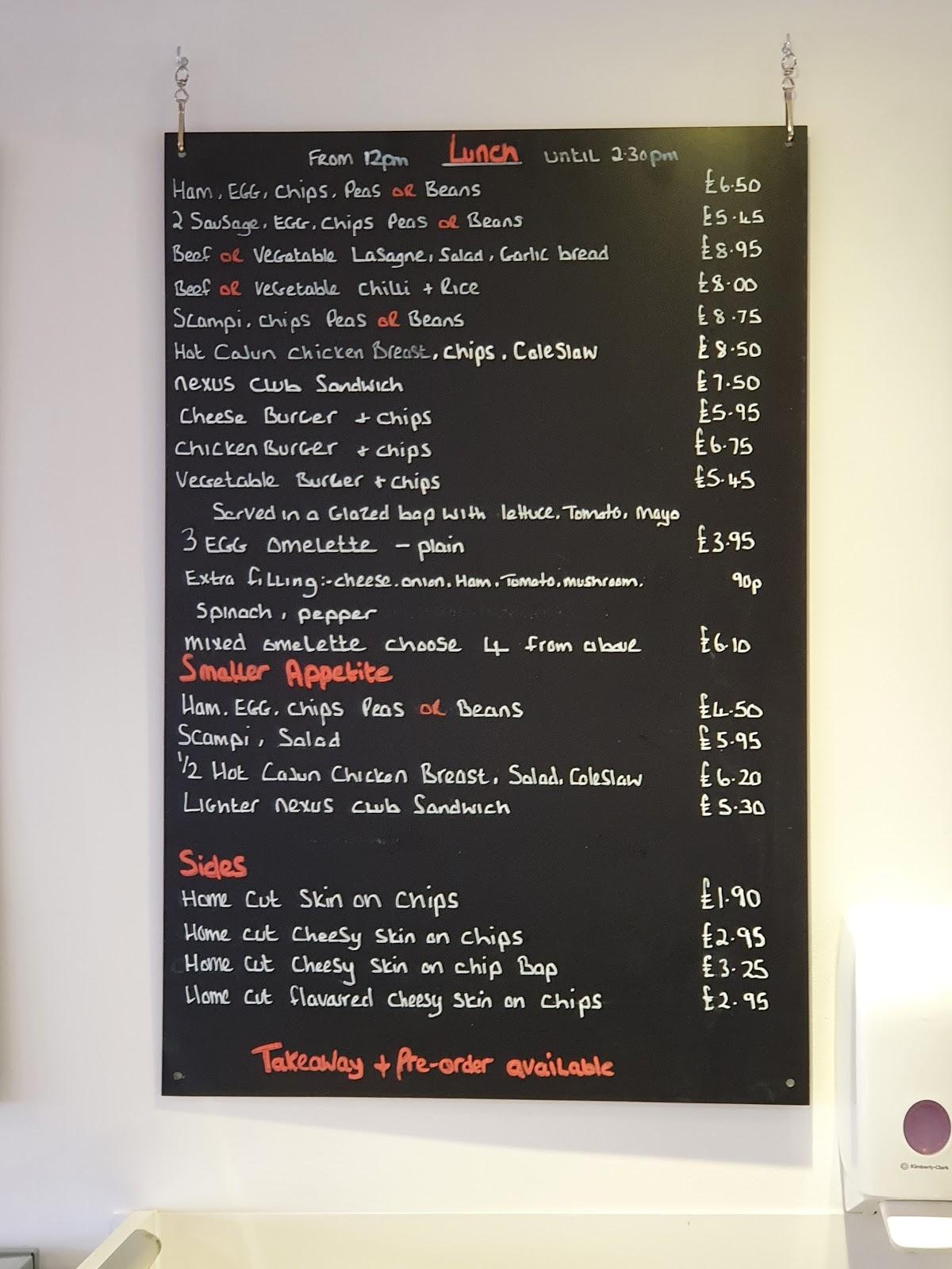 Menu at Cafe Nexus, Swindon