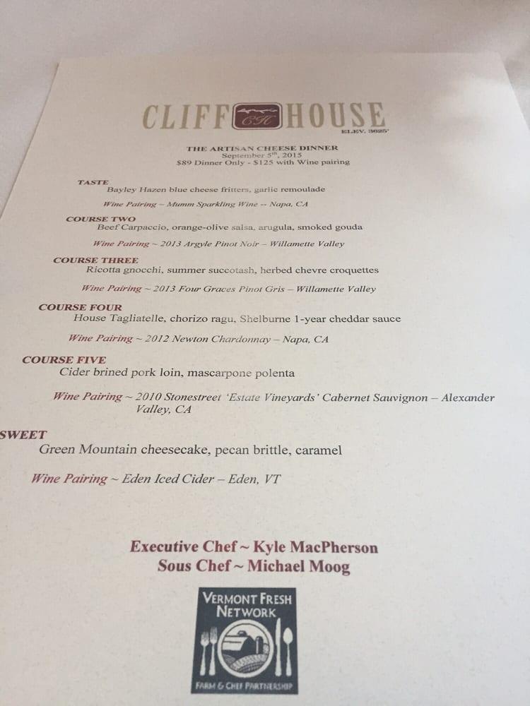 Menu at Cliff House Restaurant, Stowe, Mountain Rd