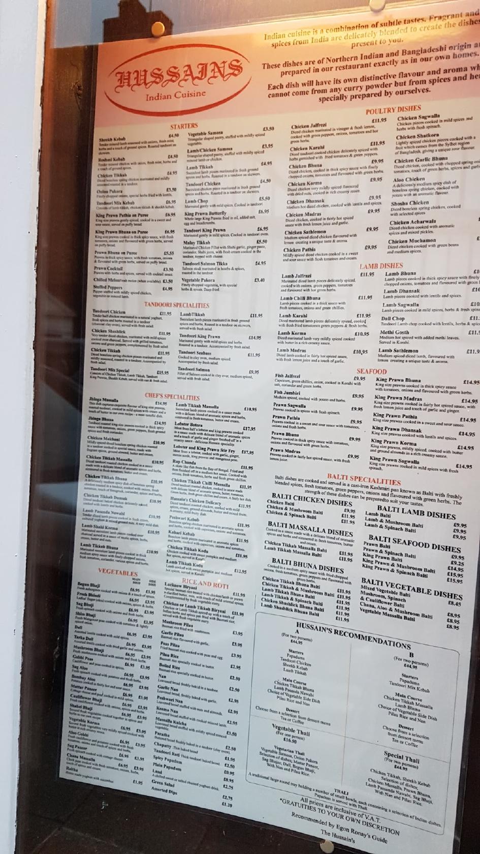 Menu at Hussains Indian Cuisine restaurant, StratforduponAvon