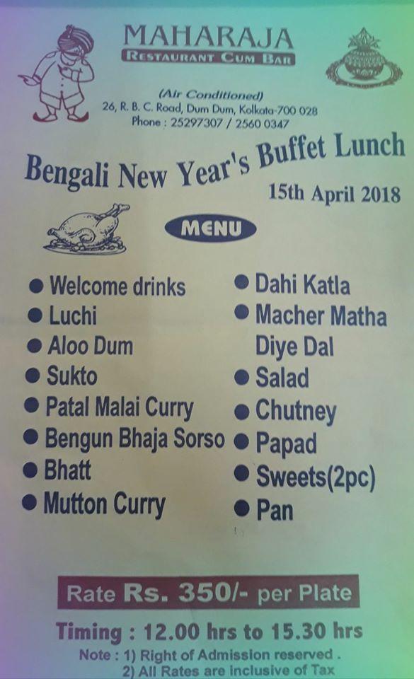 Menu at Maharaja, Kolkata, 26, R B C Road