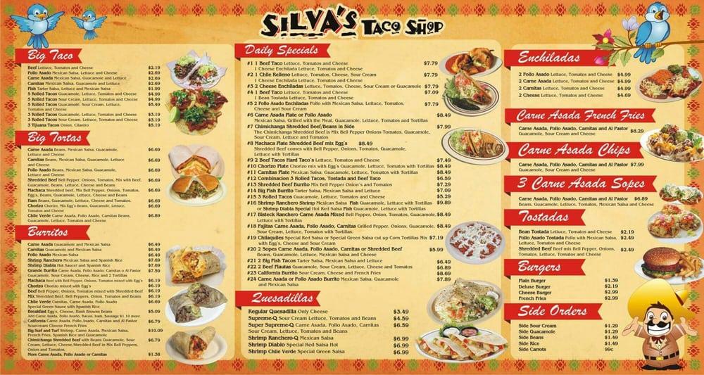 Menu at Silva's Taco Shop restaurant, El Cajon