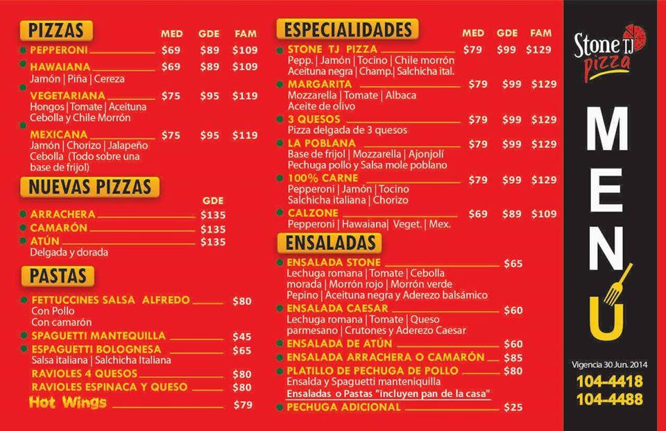 Menu at Stonetjpizza pizzeria, Tijuana, Parque Industrial Pacifico