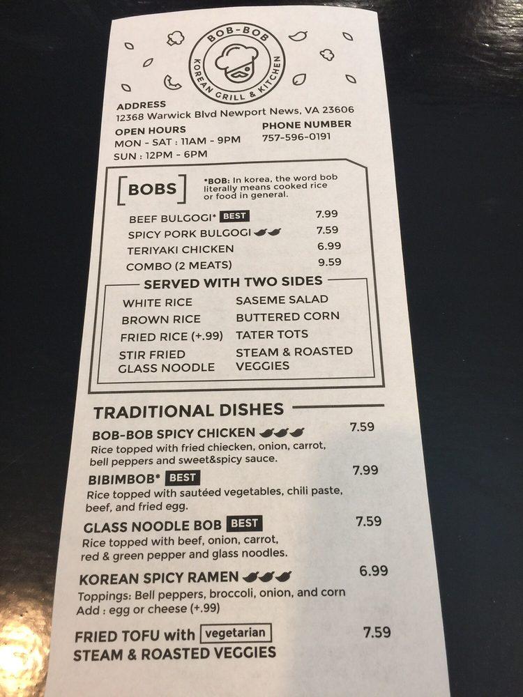Menu at Bob Bob Korean grill and kitchen restaurant, Newport News