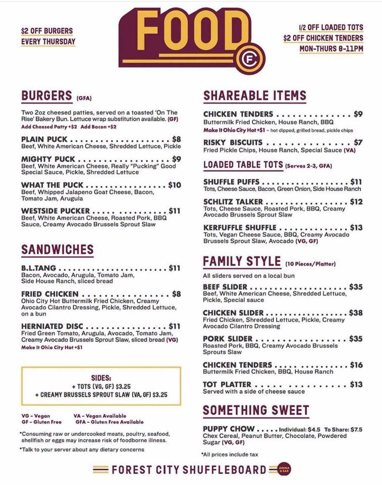 Menu at Forest City Shuffleboard Arena and Bar, Cleveland