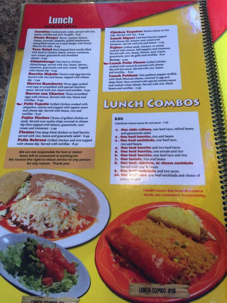 Menu at Pina Fiesta Mexican Grill restaurant, Louisville, Dixie Hwy
