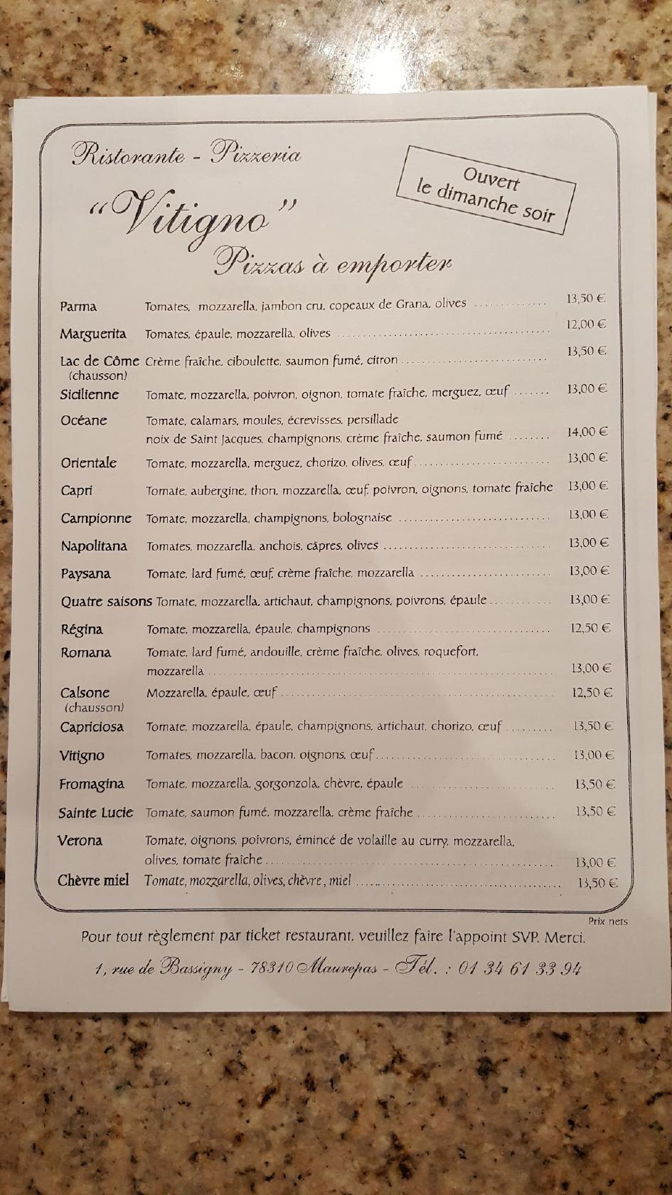 Menu au Pizzéria Vitigno restaurant, Maurepas