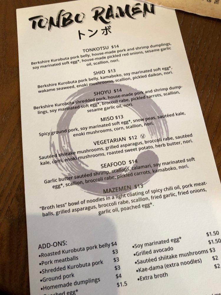 Menu at Tonbo Ramen pub & bar, Raleigh