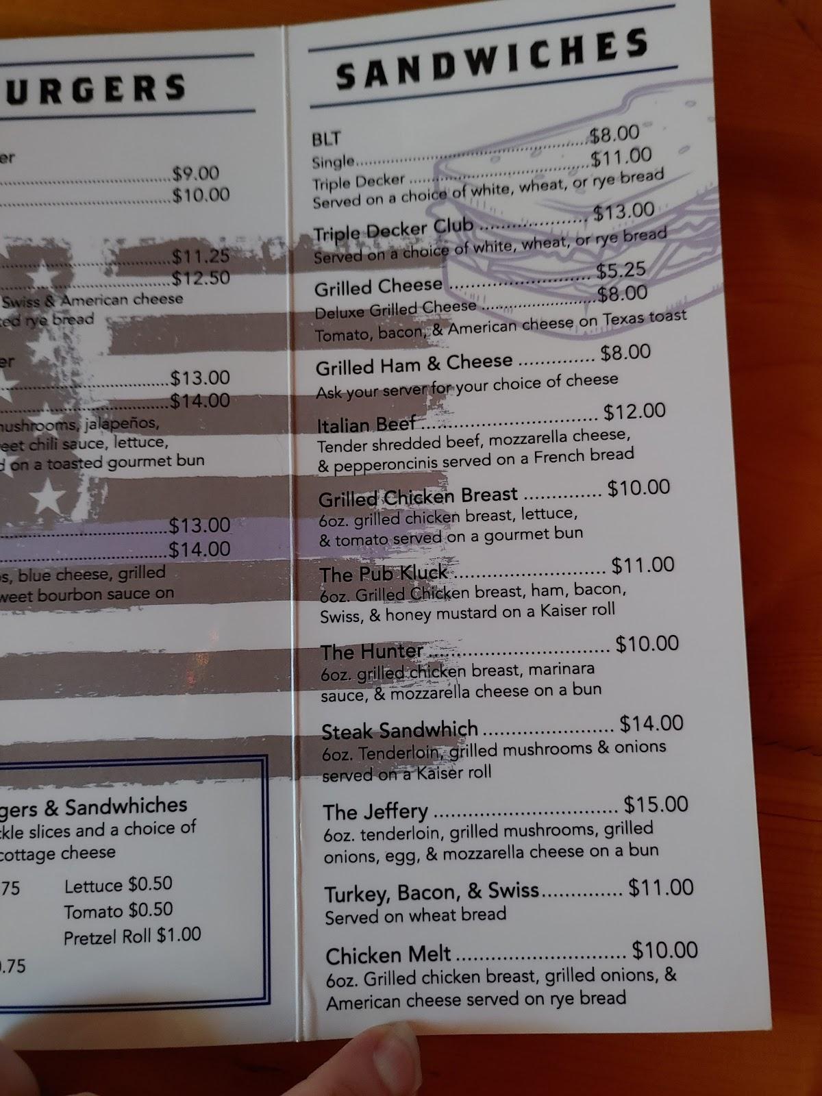 Menu at Preuss's Pub, Woodruff