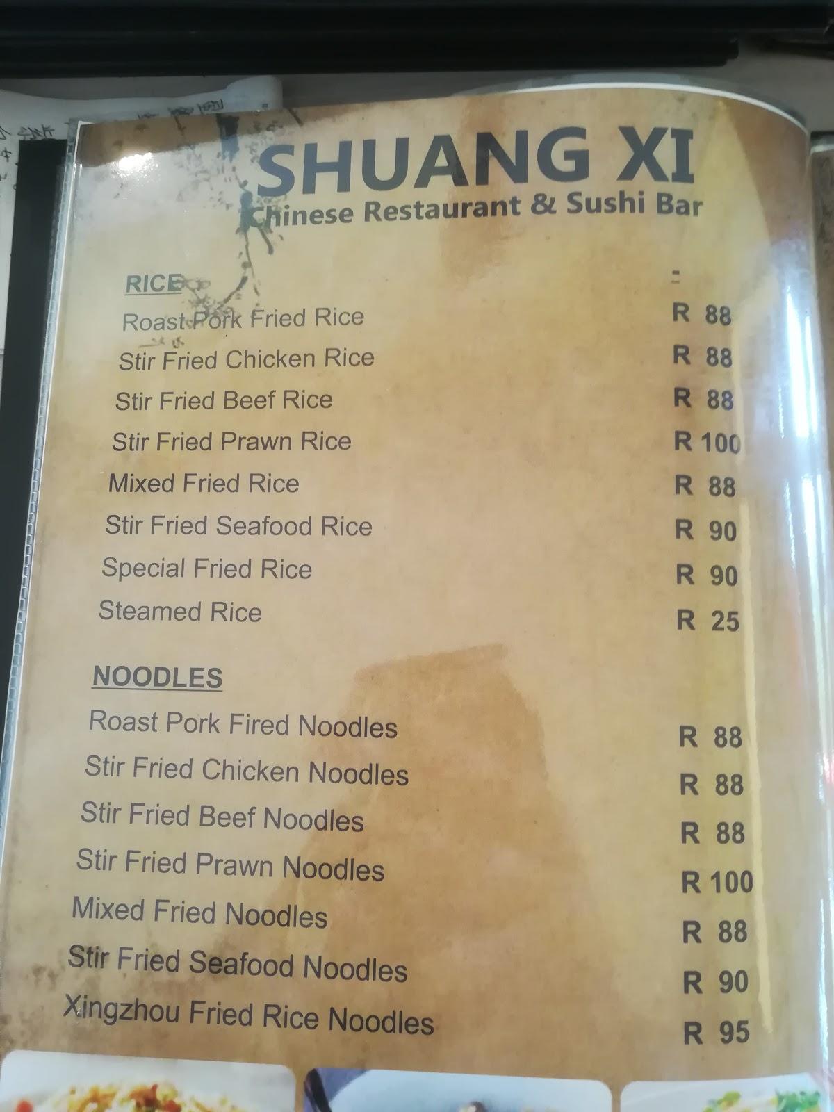 Menu at Shuang XI Chinese & Sushi restaurant, Nelspruit