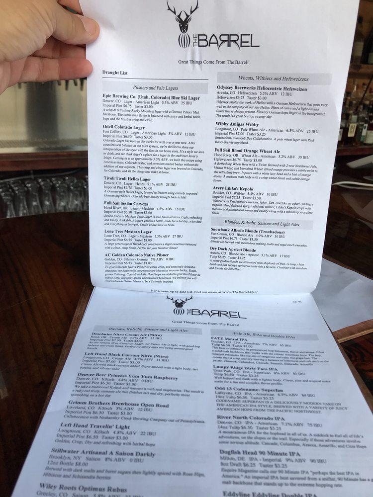Menu at The Barrel, Estes Park