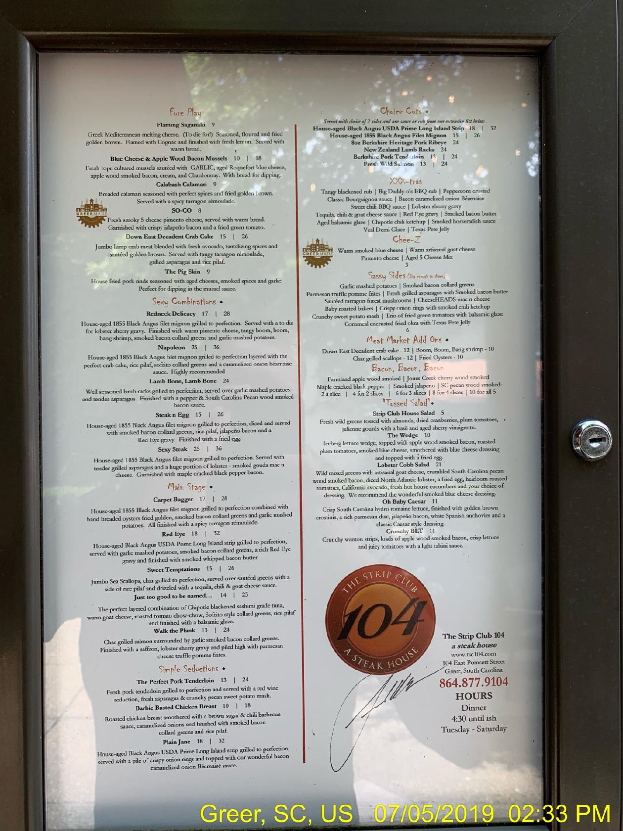 Menu at The Strip Club 104 Steakhouse, Greer