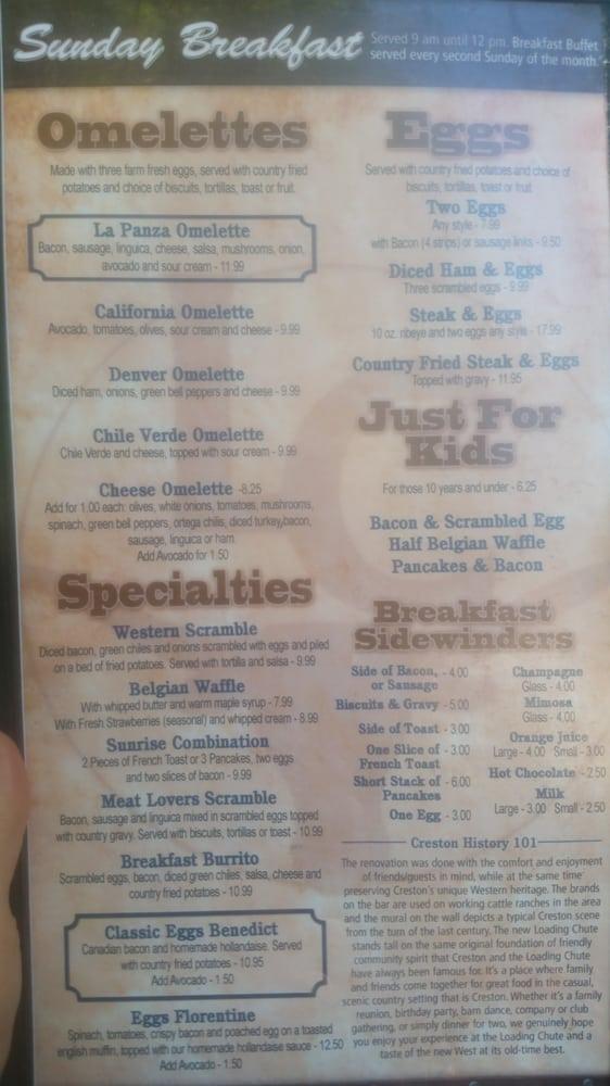 Menu at Loading Chute Restaurant and Barn, Creston